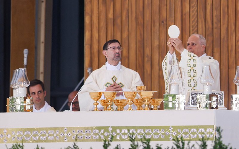 Pope Leo XIV celebrates Mass at Plaza de Cibeles in Madrid June 7, 2026, during his apostolic journey to Spain.
