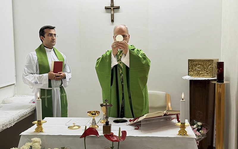 Pope Leo XIV celebrates Mass on the 10th floor at Rome's Gemelli Hospital Oct. 16, 2026, following his cancer surgery Oct. 13.