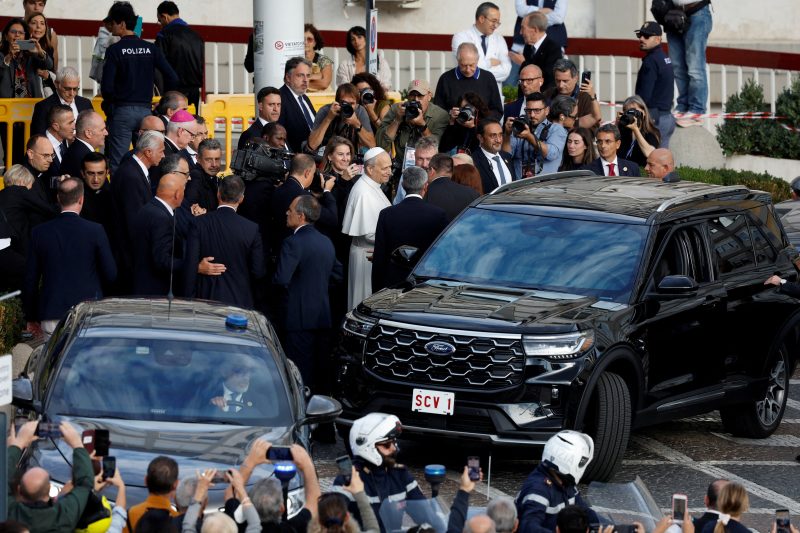 Pope Leo XIV leaves Gemelli Hospital following his lung surgery and cancer diagnosis, in Rome, Oct. 17, 2026.