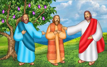 A colorful illustration depicts Jesus with Philip and Nathanael under a fig tree.