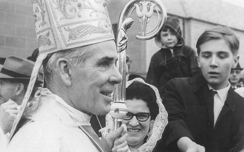 Then-Bishop Fulton J. Sheen is seen outside of Rochesters Sacred Heart Cathedral on Dec. 15, 1966, the day of his installation as sixth bishop of Rochester. (Photo courtesy of Diocese of Rochester Archives)