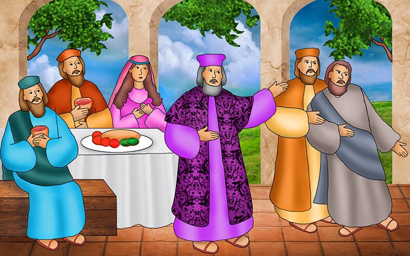 A colorful illustration depicts people sitting at a table full of food who are watching a man being escorted from the room.